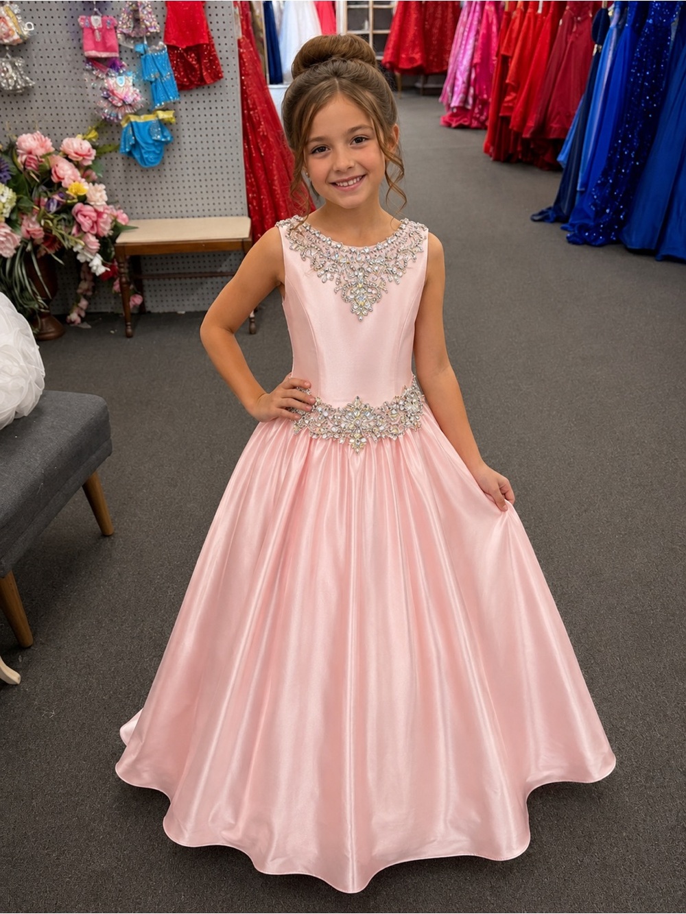 Girls' Formal Pink Jewel-Appliqué Satin Ballgown